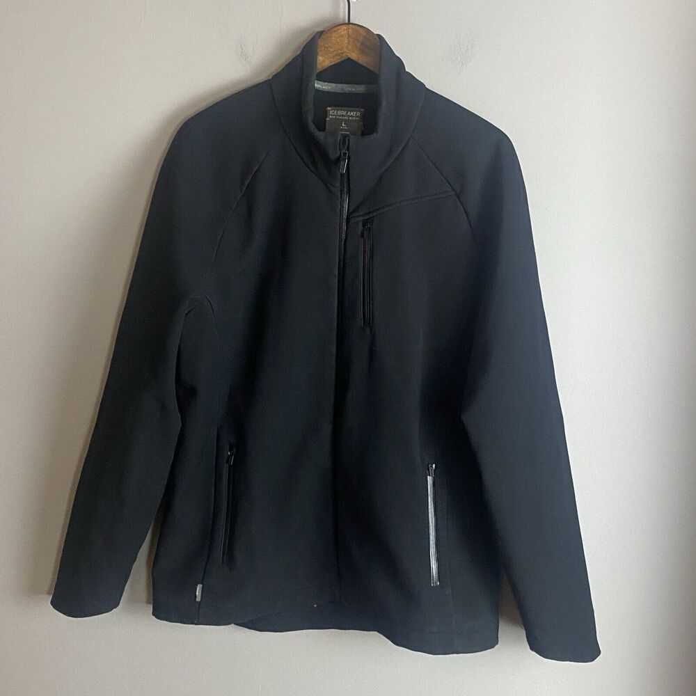 ICEBREAKER Mens Black Zip Merino Blend Pure Plus Softshell Jacket Size L Logo